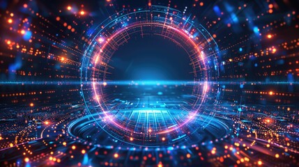 Obraz premium Futuristic Digital Interface with Glowing Neon Circular Patterns and Data Streams