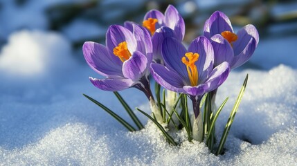 Early spring scene of purple crocuses blooming through snow.