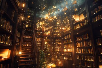 A magical library with books floating in the air and a glowing staircase.