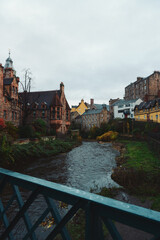 a river through Dean Village in Edinburgh, Scotland in November