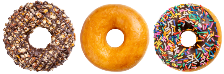 Various donuts,Donuts dough with a colorful sprinkles icingsugar, Chocolate Almond and Cinnamon powderisolate on white background PNG File.