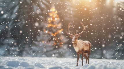 Christmas banner with magical scene of reindeer in show with Christmas lights and stars with copy space created with Generative AI technology