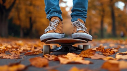 Autumn Skateboarding Close-up: Feet on Skateboard in Vibrant Fall Leaves