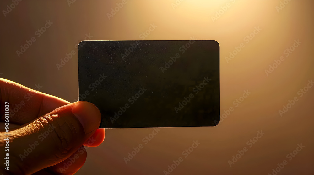Poster a close up photograph of a sleek black card held delicately between two fingers showcasing a minimal