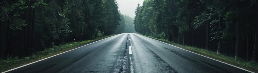 Empty road through a dense forest on a cloudy day.