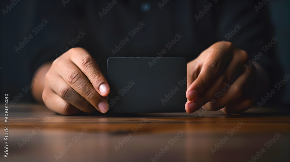 Poster a dynamic photograph showcasing the minimalist placement of a black card on a dimly lit wooden table