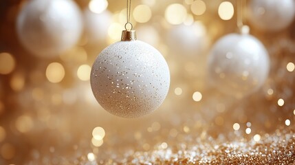 Golden Christmas Ornaments with Sparkling Glitter and Festive Bokeh Background