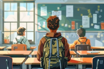 Fototapeta premium Students Studying in Classroom with Backpacks by Window and Bulletin Board