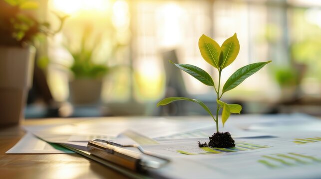 Small plant sprouting from business report, symbolizing growth and sustainability in business with a blurred office background.