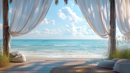 3D beach cabana scene with sheer curtains and a gentle sea breeze