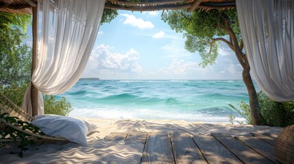 3D beach cabana scene with sheer curtains and a gentle sea breeze