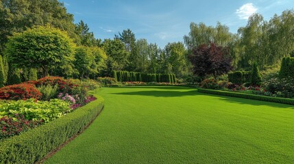 Well-maintained lawn with a flowerbed and deciduous shrubs, ideal for outdoor park or garden scenes.
