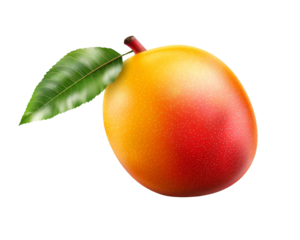 A vibrant mango with a green leaf, showcasing its luscious color and juicy texture, perfect for tropical themes and healthy lifestyles.