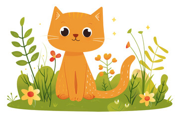 Cartoon orange cat in garden isolated on transparent background