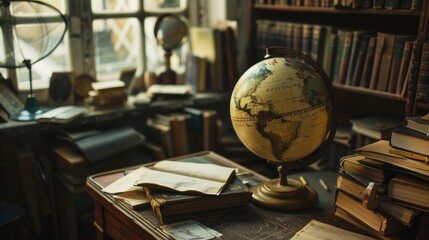 Vintage Globe and Books in an Antique Room