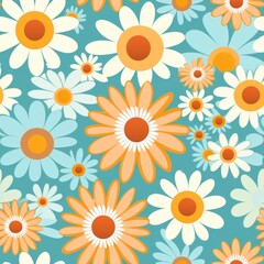 Seamless pattern of colorful daisies on a blue background