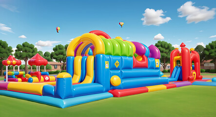 A Colorful Inflatable bounce house in the backyard or bouncy castle slide for playground, balloon style, inflatable bounce house,

