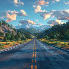3D summer road trip with an open highway and scenic views