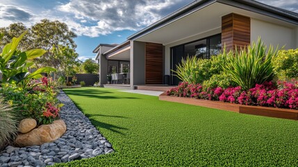 Obraz premium Australian-style front yard featuring artificial grass lawn turf with timber edging and a large flower garden.
