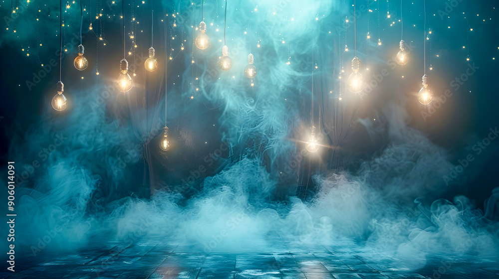 Poster mystical and ethereal stage setting with hanging edison bulbs casting warm glow fog swirling around 
