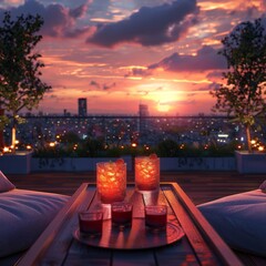 3D rooftop bar at sunset with cocktails and city views