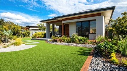 Australian-style front yard featuring artificial grass lawn turf with timber edging and a large flower garden.