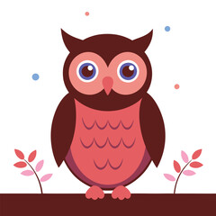 Obraz premium Cartoon owl with pink and red feathers perched on a branch