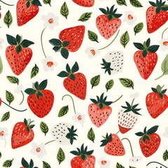 Seamless pattern of handdrawn strawberries and flowers on a light background
