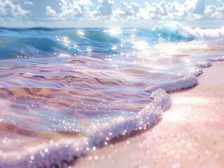 Vibrant 3D summer beach scene with realistic sand and shimmering ocean