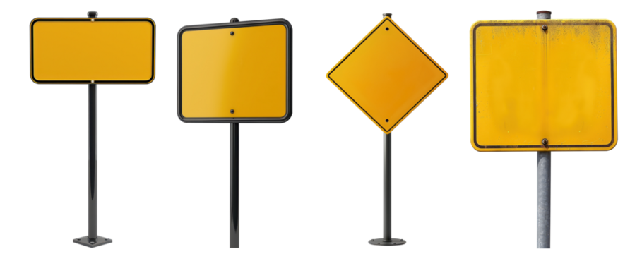 Set of 4 yellow blank road signs, isolated on white background