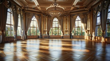Fototapeta premium An elegant ballroom with a grand chandelier, polished wooden floors, tall windows with draped curtains, and a stage for performances.