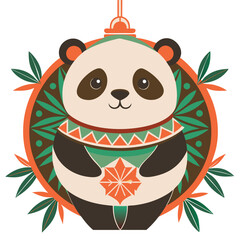 A Festive Panda Ornament with Green Leaves and a Geometric Design