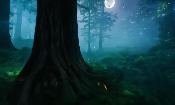 A dynamic motion fast hyperspeed zooming shot across the magic forest at night