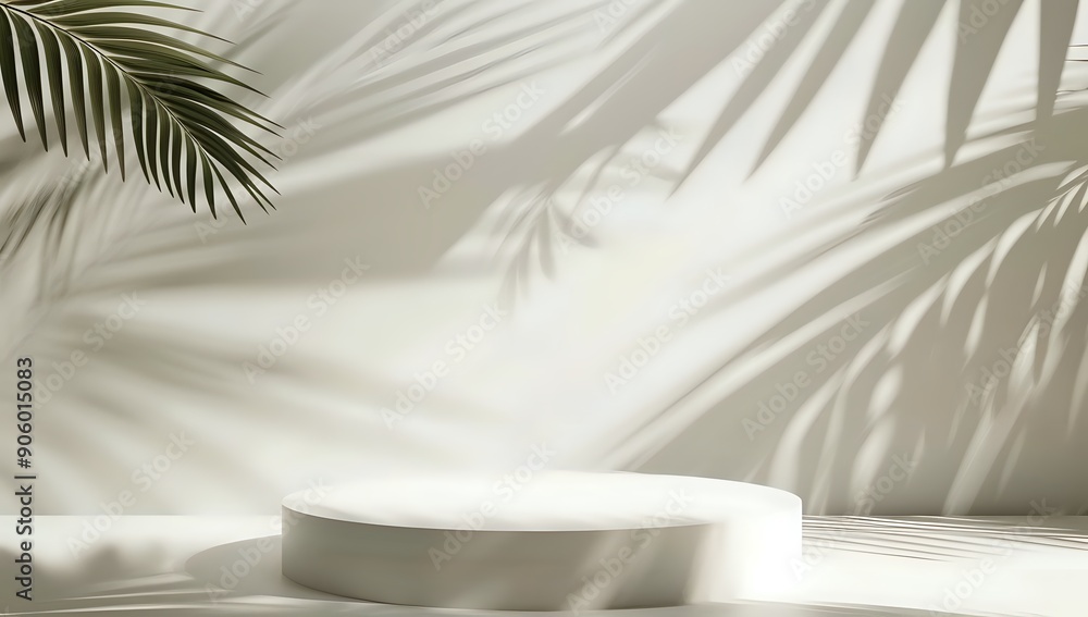 Poster white podium display with palm leaf shadows for product placement