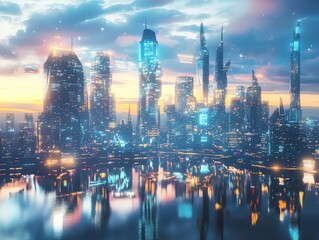 Futuristic cityscape with skyscrapers and glowing lights reflecting in the water.