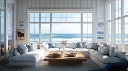 Fototapeta premium Beach house living room with coastal decor, featuring a comfy sofa and stunning ocean views through large windows