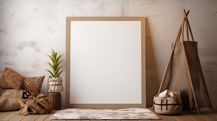 Mockup frame in nomadic boho interior background with rustic decor