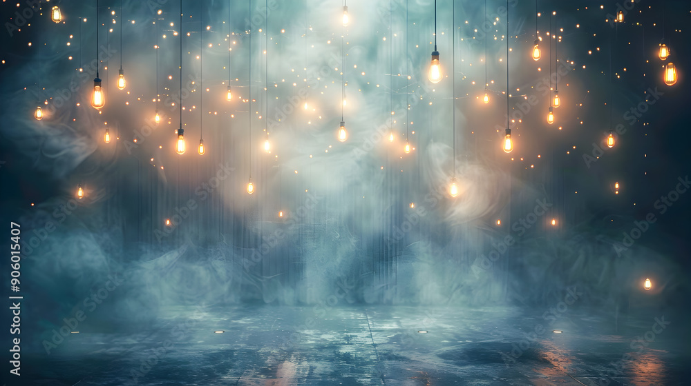 Poster Enchanting misty stage with a canopy of hanging lights fog drifting around and sparkling particles floating in a soft diffused light creating a serene and otherworldly feeling