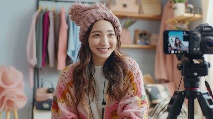 Obraz premium Asian woman setting up a tripod and smartphone for a live stream, ready to share her fashion tips and outfit ideas