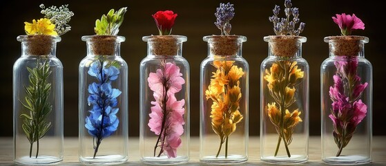 Small glass bottles of aromatherapy oils with flower sprigs, perfect for wellness and relaxation themes.