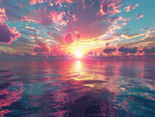 Colorful 3D sunset over the sea with dynamic lighting and reflective water