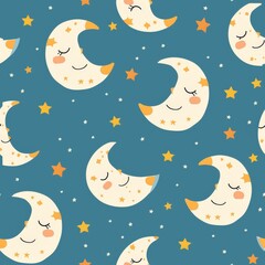 Seamless pattern with cute cartoon sleeping moons and stars on blue background