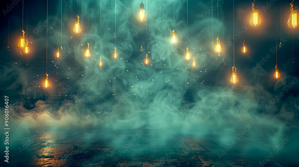 Poster surreal stage scene with hanging edison bulbs casting a soft glow dense fog covering the floor and t
