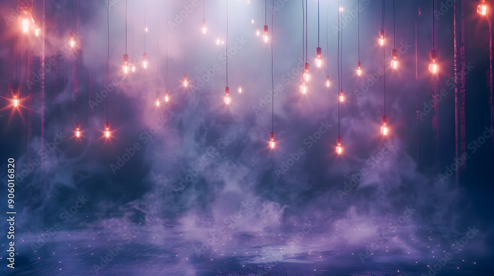 Poster surreal stage scene with hanging edison bulbs casting a soft glow dense fog covering the floor and t