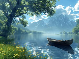 3D summer fishing trip with a boat on a tranquil lake