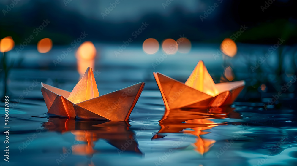 Poster a close up photograph of illuminated paper boats gently floating on calm reflective waters in a sere
