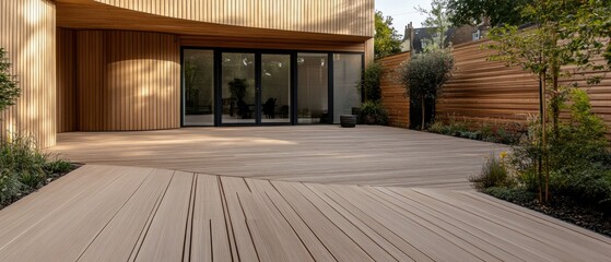 Exterior view of a back garden patio area featuring wood decking, ideal for outdoor living spaces.