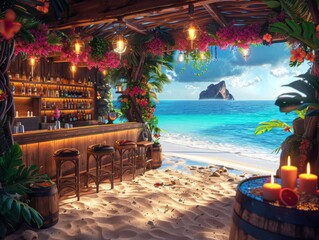 3D tropical beach bar with cocktails and vibrant party atmosphere
