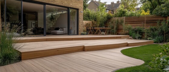 Exterior view of a back garden patio area featuring wood decking, ideal for outdoor living spaces.