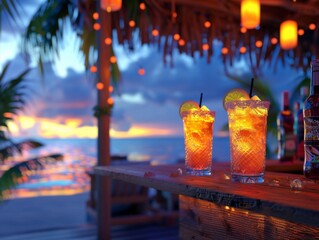 3D tropical beach bar with cocktails and vibrant party atmosphere
